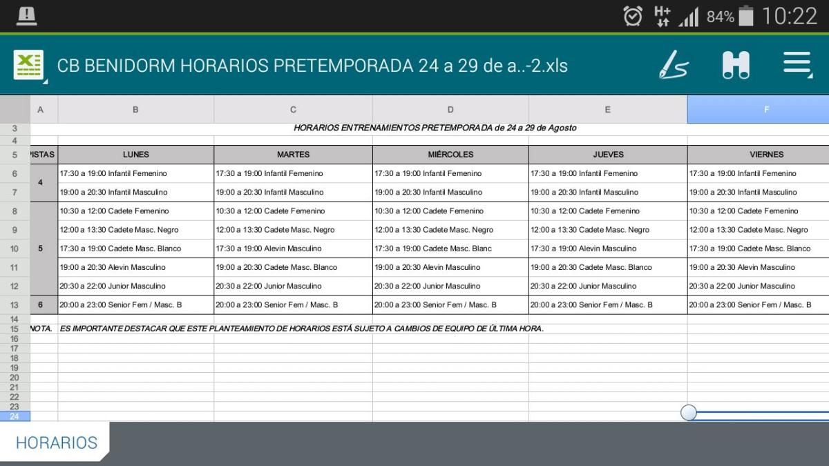 HORARIOS DE PRETEMPORADA DE LOS EQUIPOS DEL CLUB BALONCESTO BENIDORM